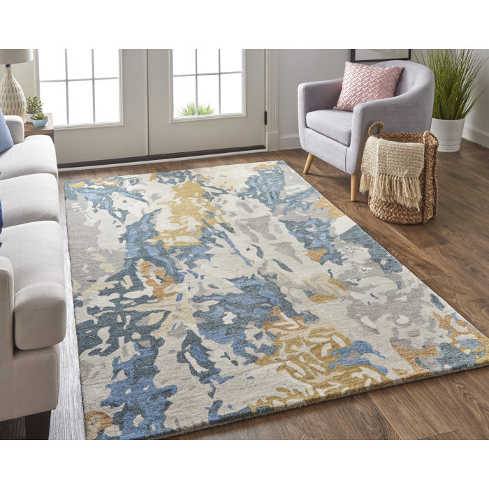 17 Stories Casual Abstract, Gray/Blue/Gold Area Rug Wayfair